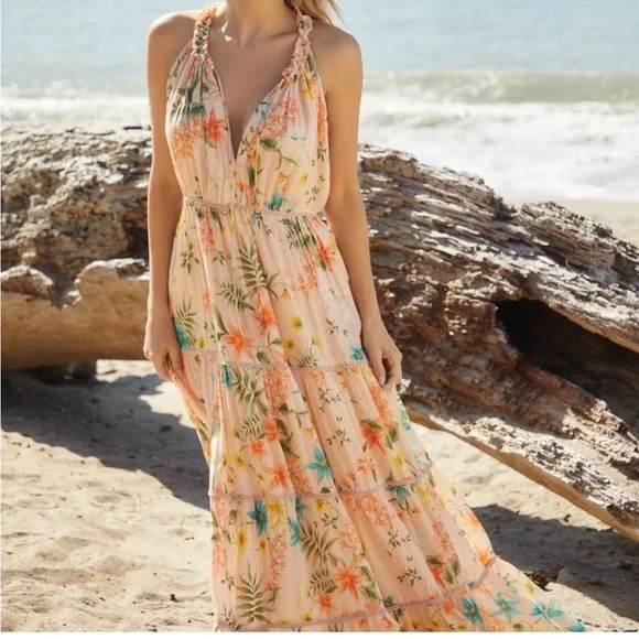 NWT PQ Swim Anthropologie Halter Maxi Dress in a peach floral gold